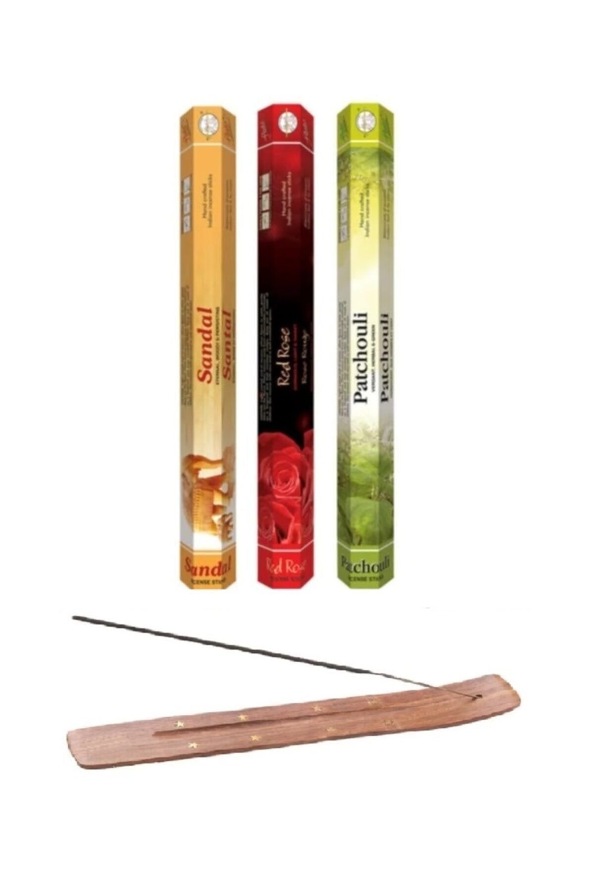 Flute 60 Adet Tütsü (sandal, Kırmızı Gül, Paçuli) Işlemeli Ahşap Tütsü Kayığı Hediyeli