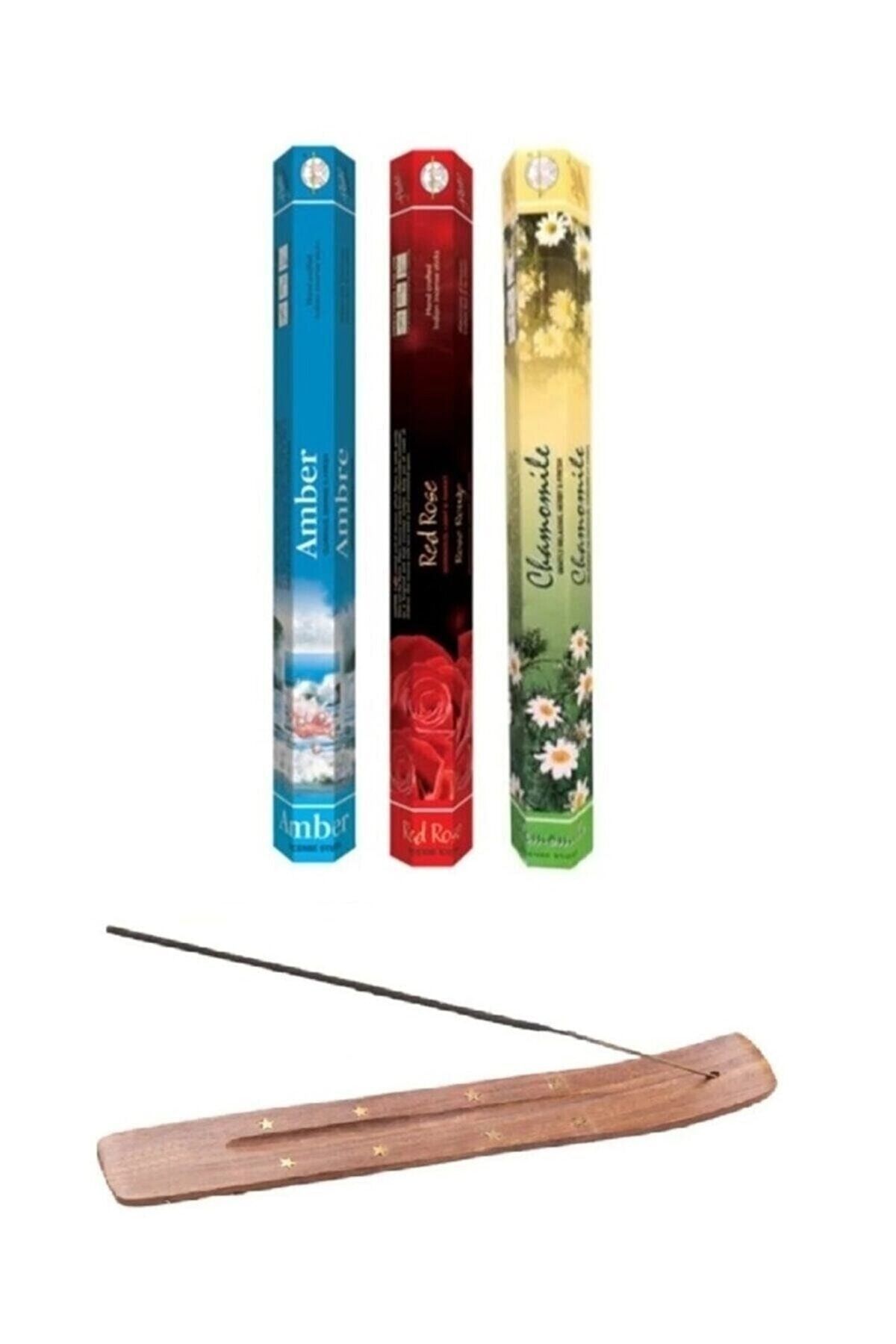 Flute 60 Adet Tütsü (amber, Kırmızı Gül, Papatya) Işlemeli Ahşap Tütsü Kayığı Hediyeli